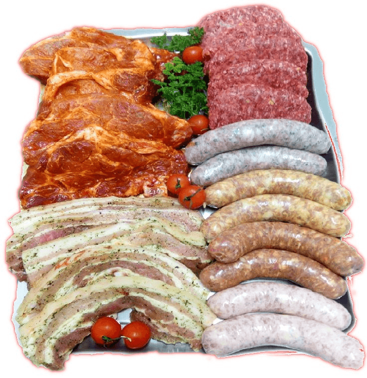 Colis de viande : échine marinée, haché, lard et saucisses sur un plateau